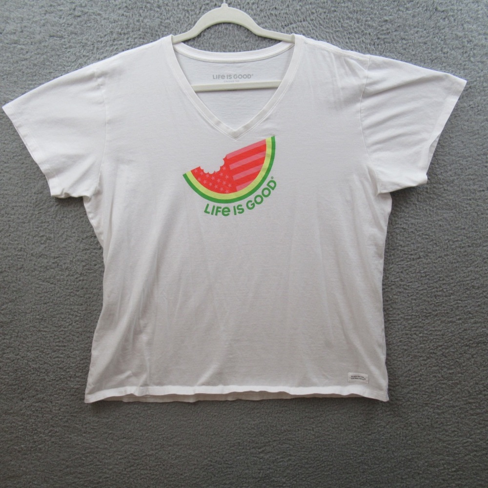 Life Is Good Womens Shirt XXL White Crusher Tee Watermelon Short Sleeve V-Neck